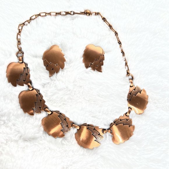 Vintage Necklace Leaf Bronze Copper Tone Jewelry W/ Earrings - Picture 1 of 14
